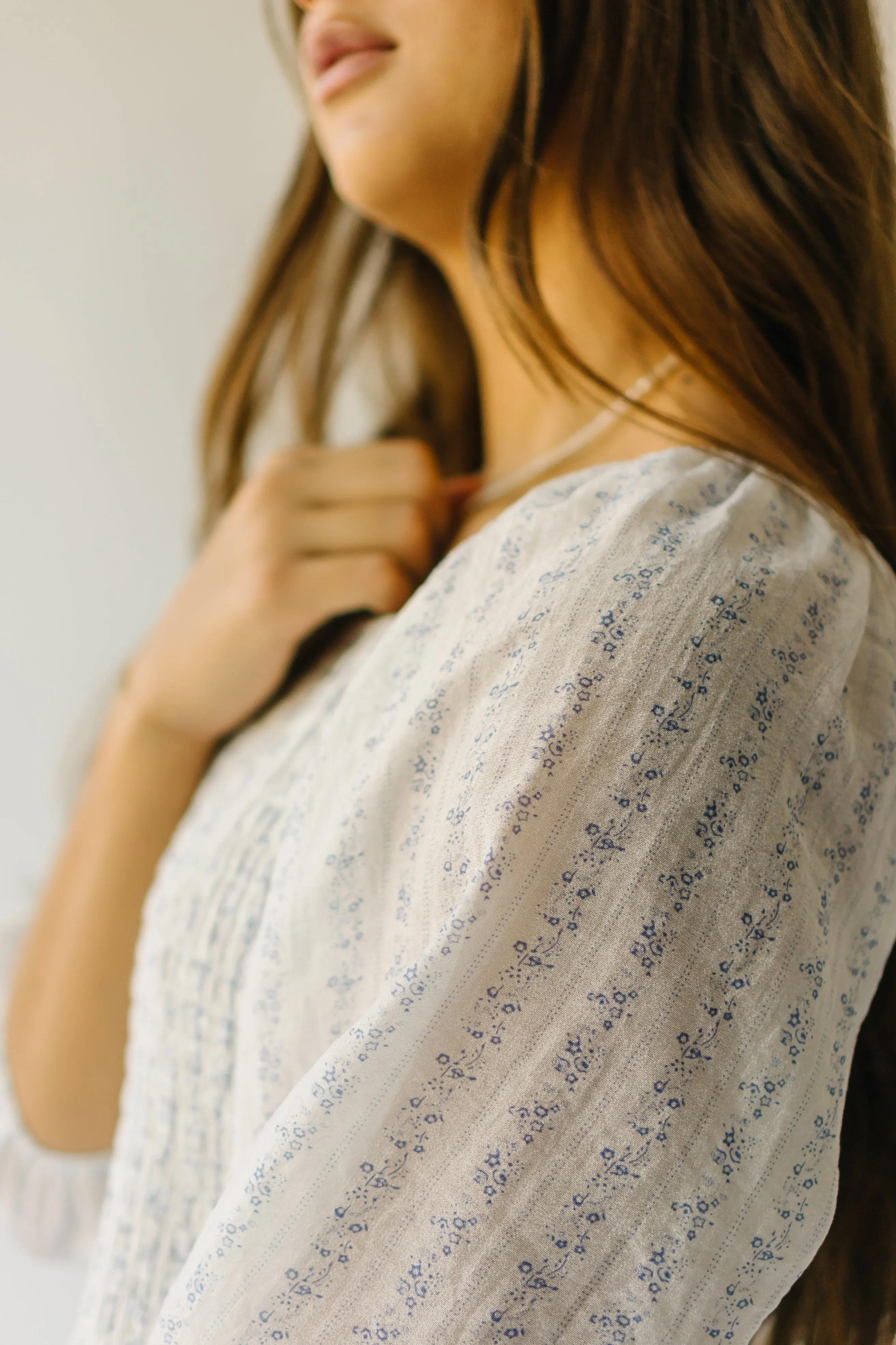 The Tamburro Smocked Detail Blouse in Ivory   Blue