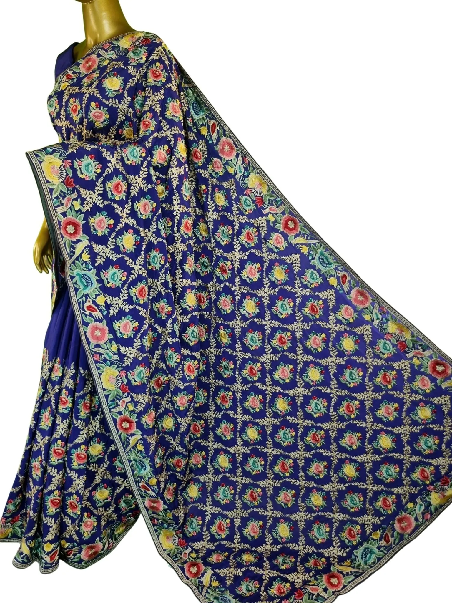 Ultramarine Blue Color Crepe Silk with Full-Body Parsi Gara Embroidery