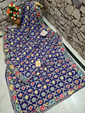 Ultramarine Blue Color Crepe Silk with Full-Body Parsi Gara Embroidery