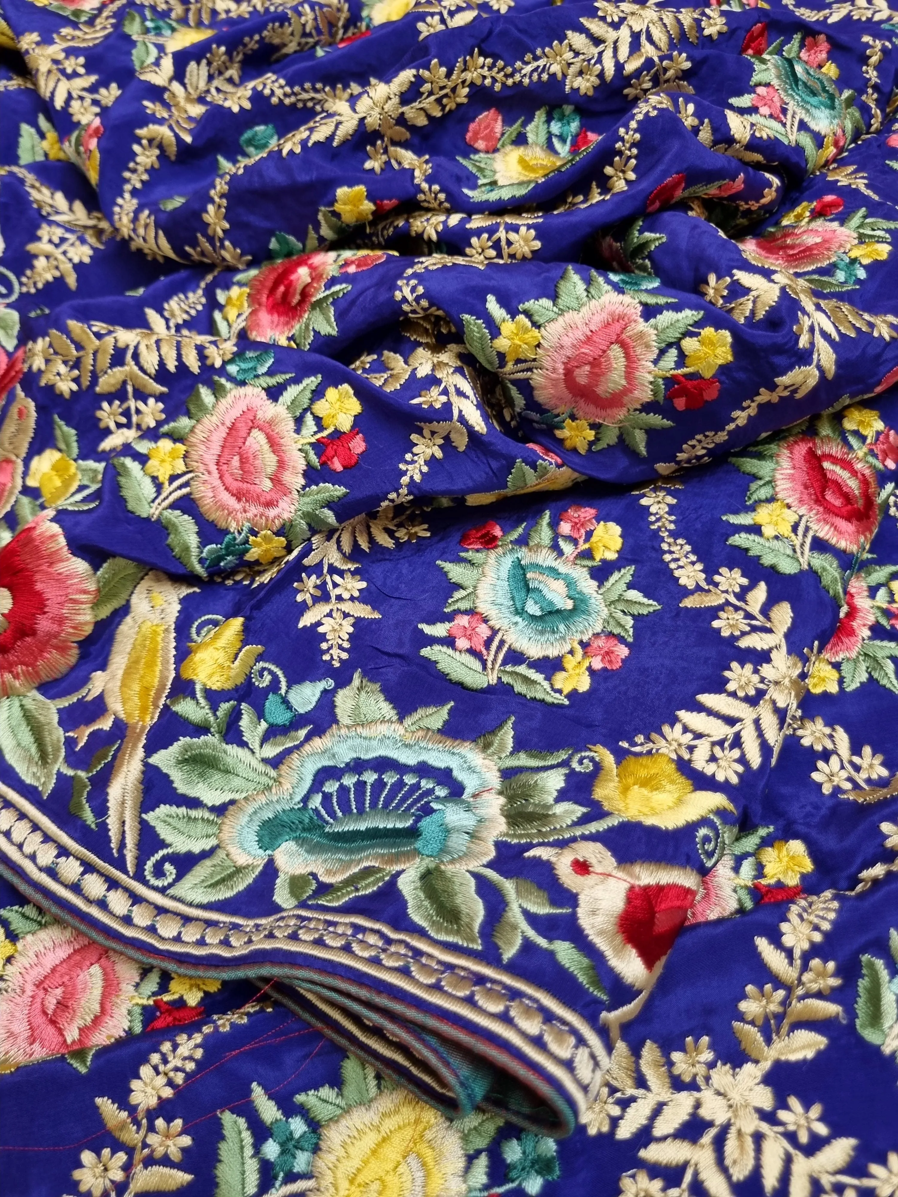 Ultramarine Blue Color Crepe Silk with Full-Body Parsi Gara Embroidery