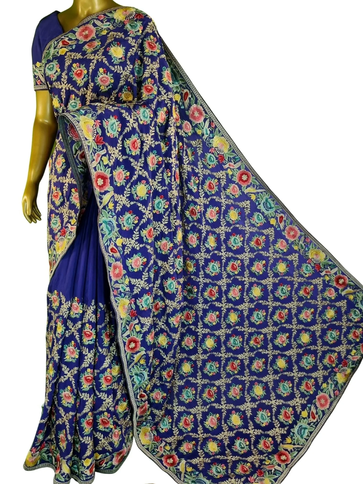 Ultramarine Blue Color Crepe Silk with Full-Body Parsi Gara Embroidery