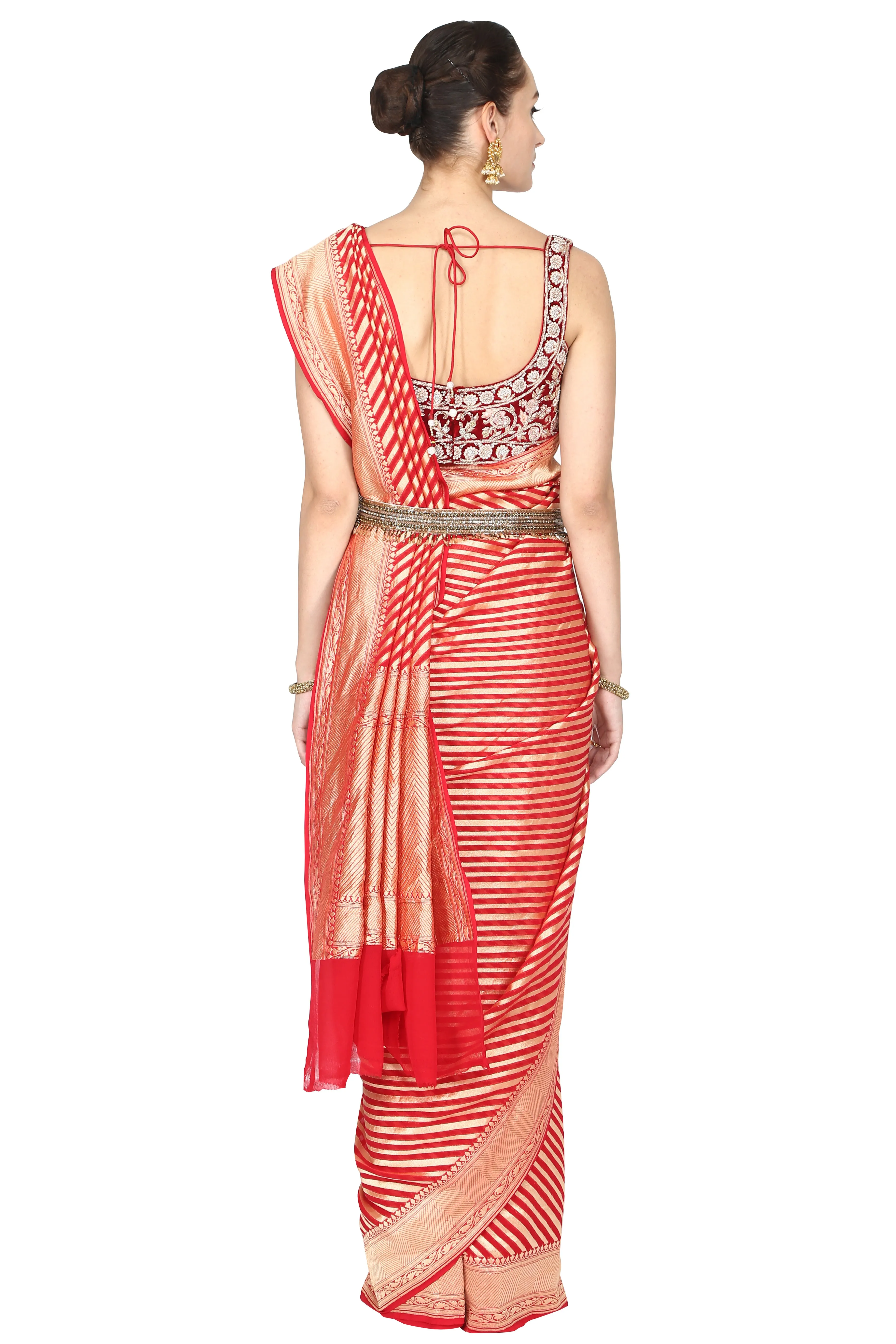 Vermilion red and golden stripe saree with blouse