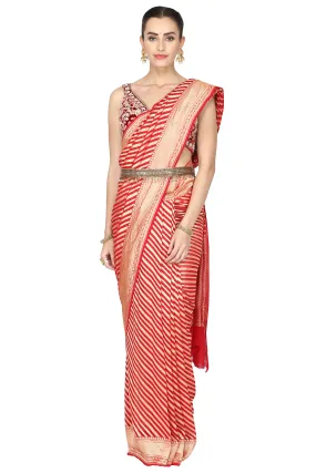 Vermilion red and golden stripe saree with blouse