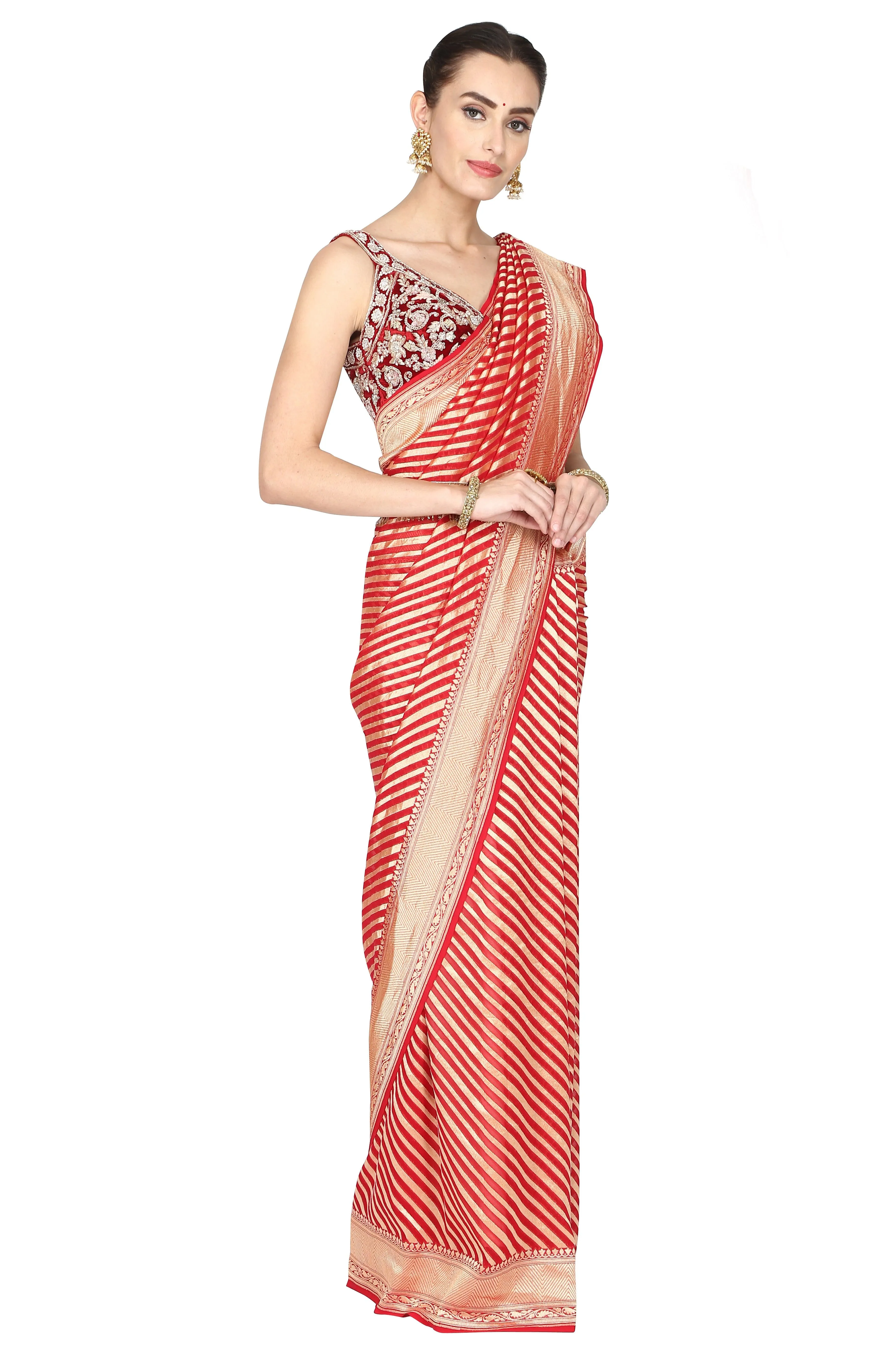 Vermilion red and golden stripe saree with blouse