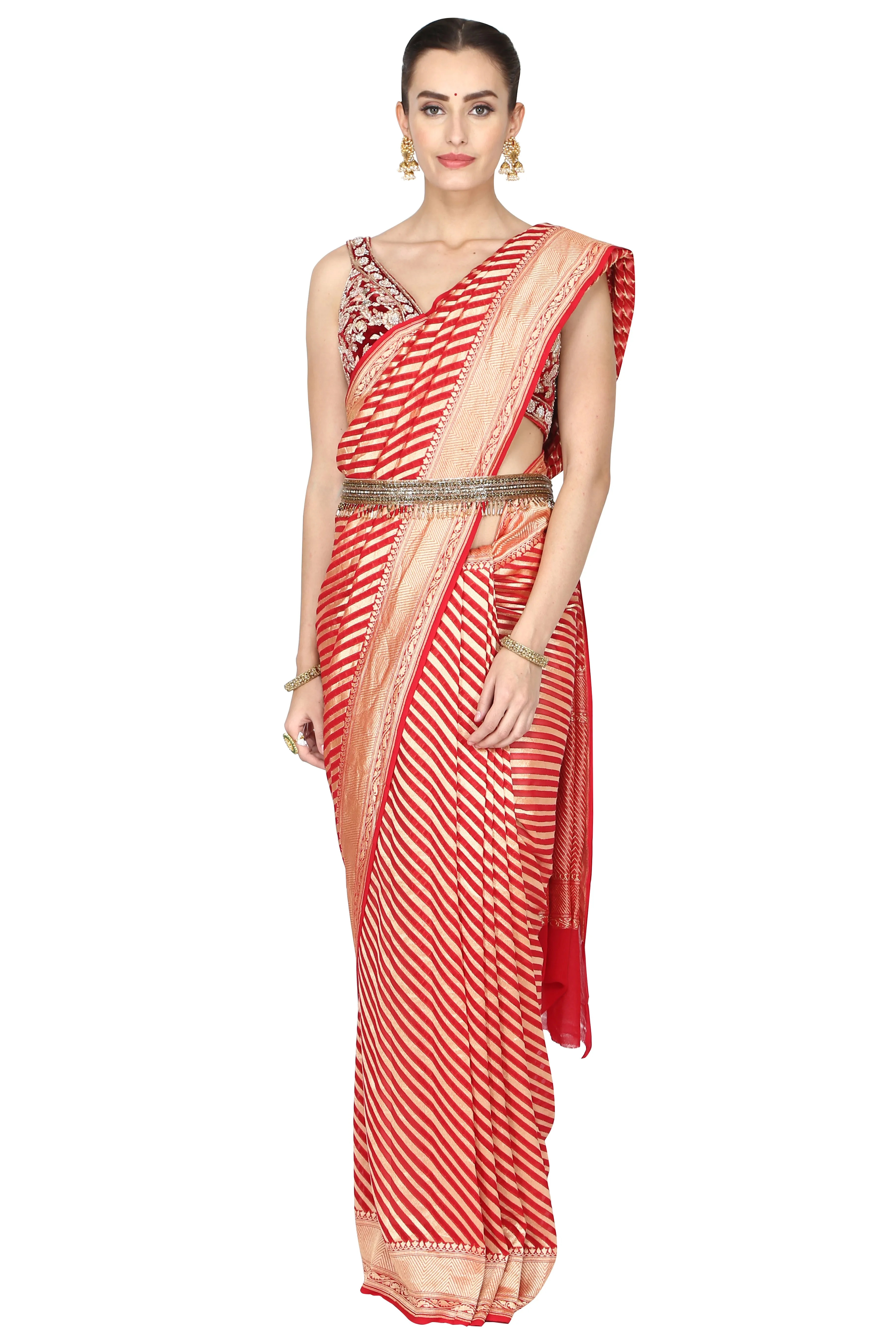 Vermilion red and golden stripe saree with blouse