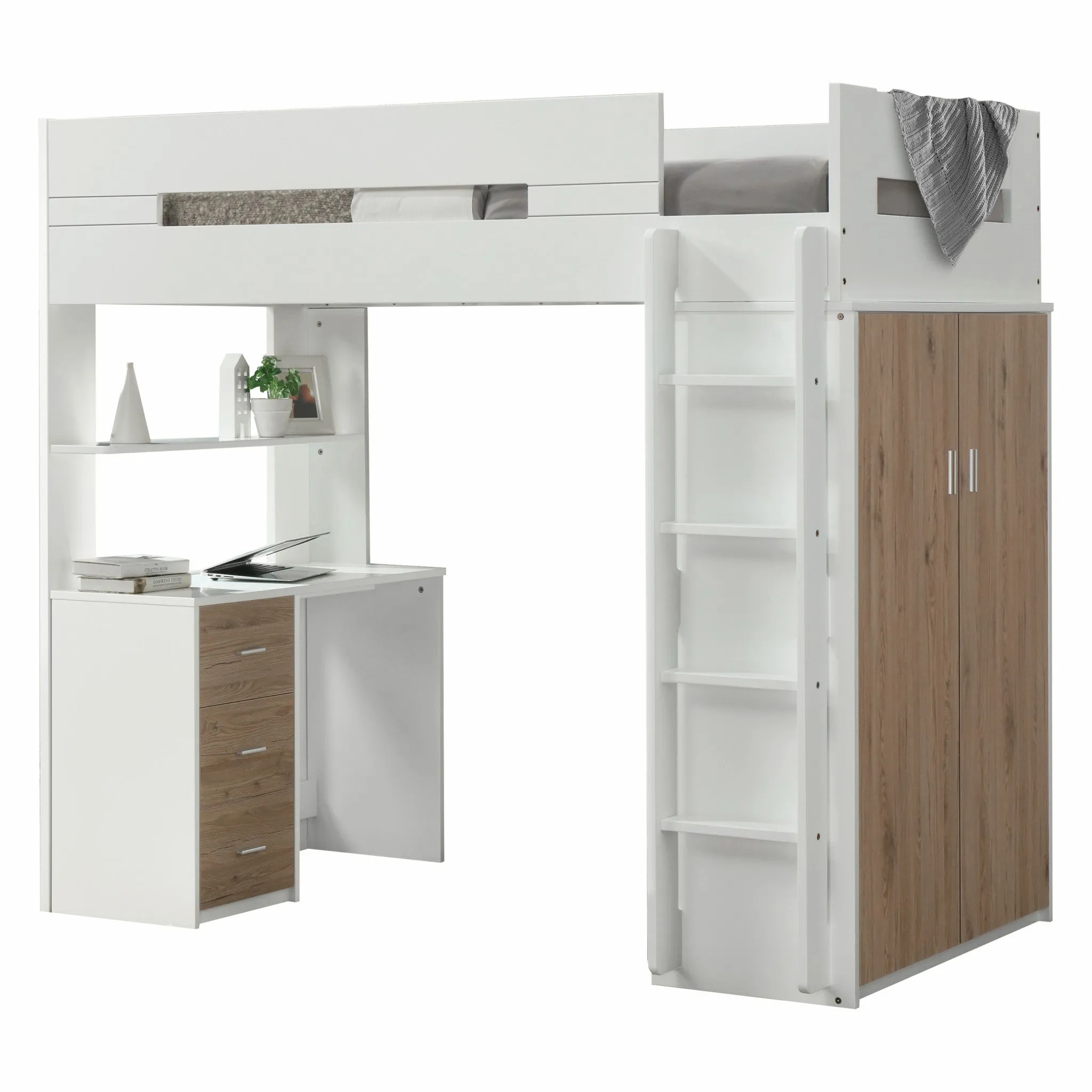 White And Gray Twin Loft Bed And Desk