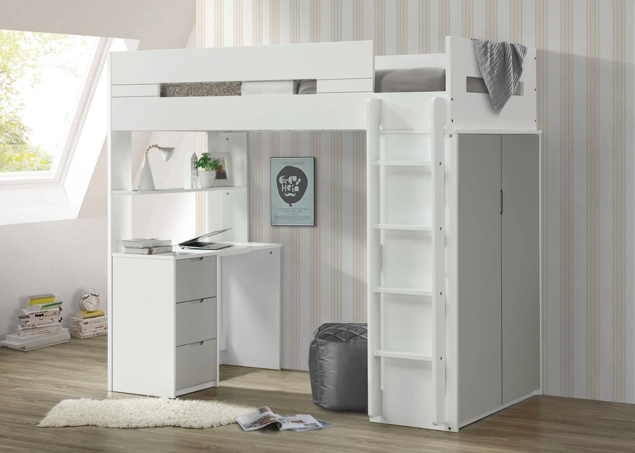 White And Gray Twin Loft Bed And Desk