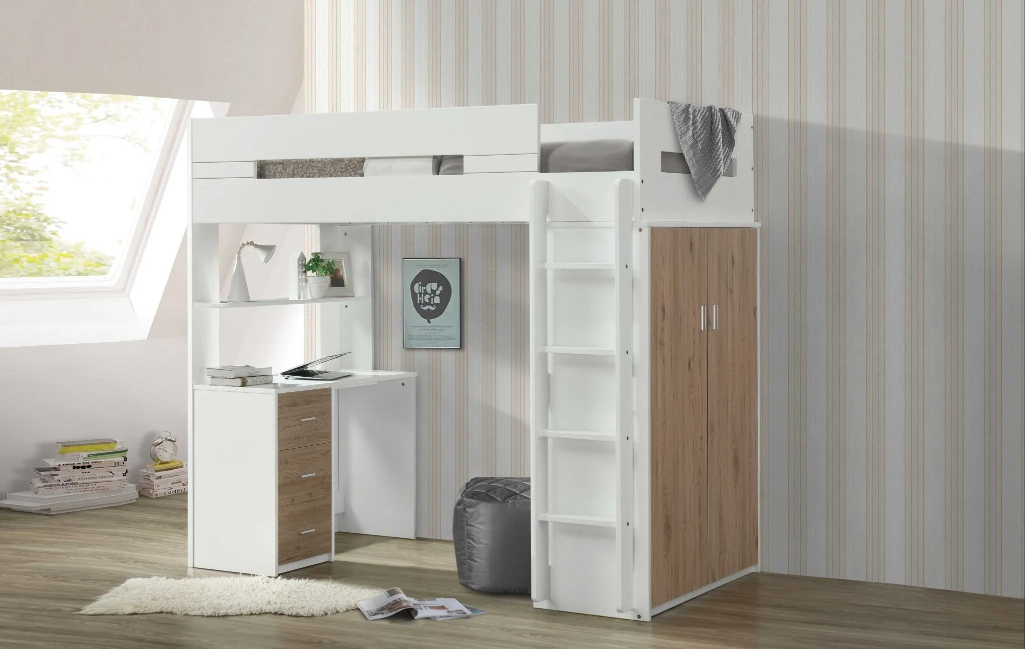 White And Gray Twin Loft Bed And Desk