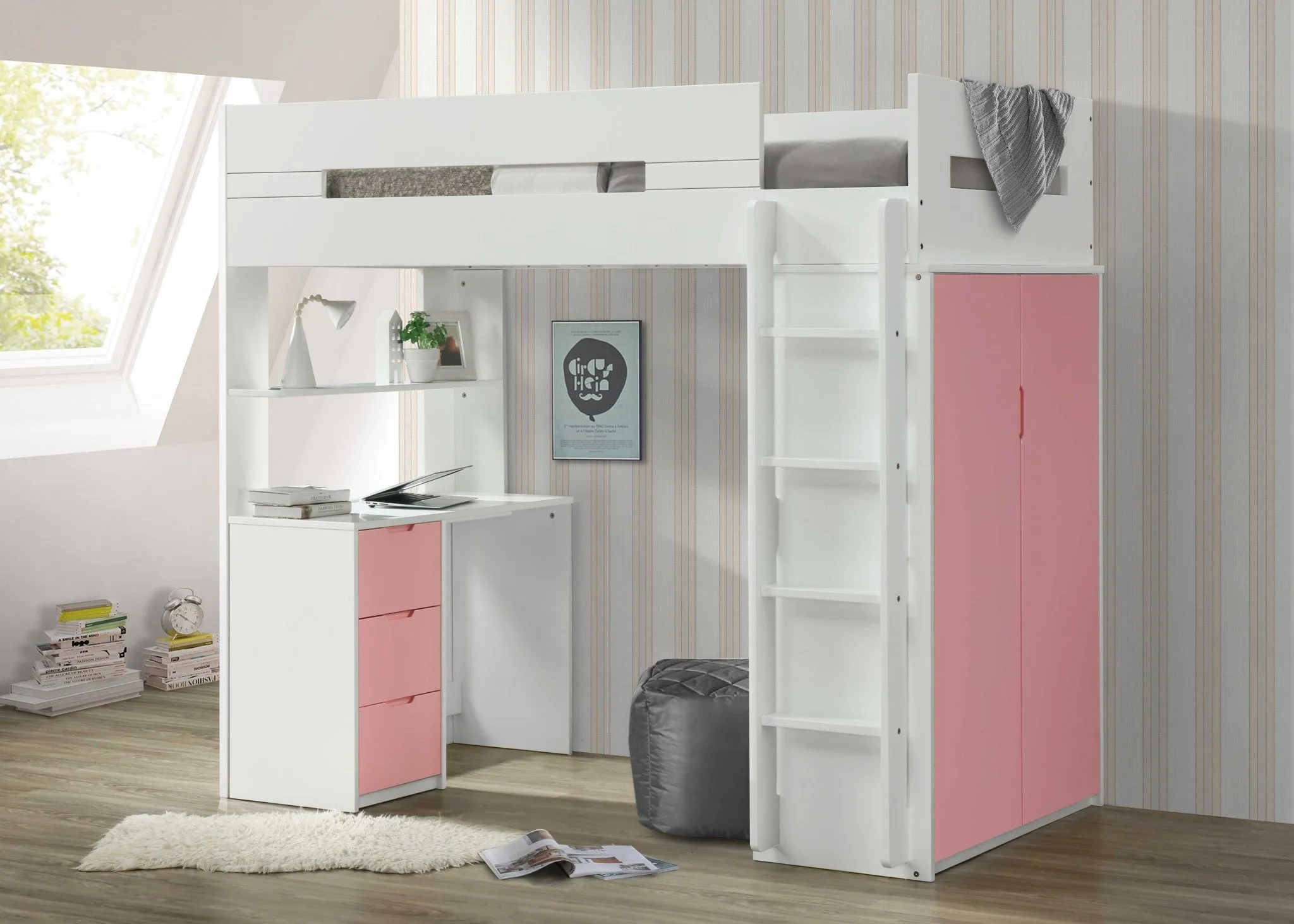 White And Gray Twin Loft Bed And Desk