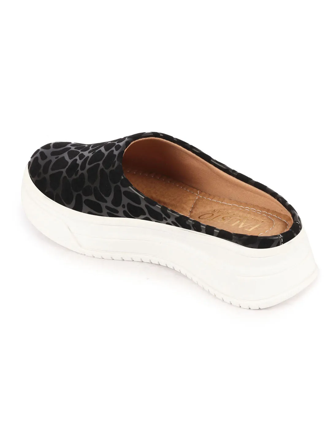 Women Black Leopard Print Height Enhancer Open Back Slip On Casual Shoes