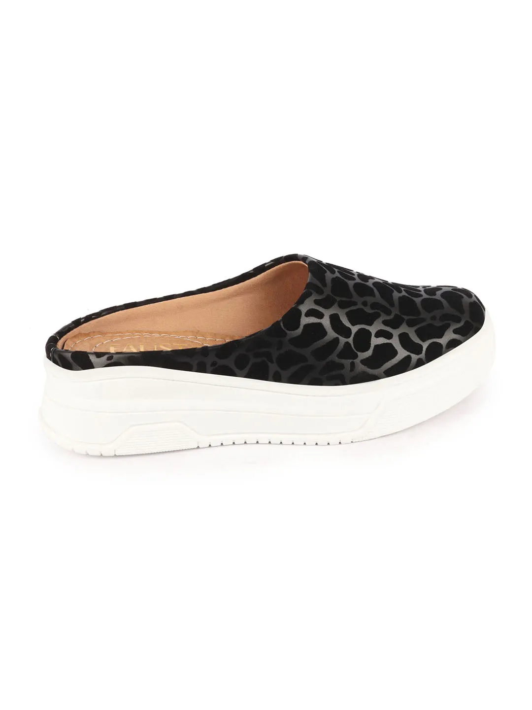 Women Black Leopard Print Height Enhancer Open Back Slip On Casual Shoes