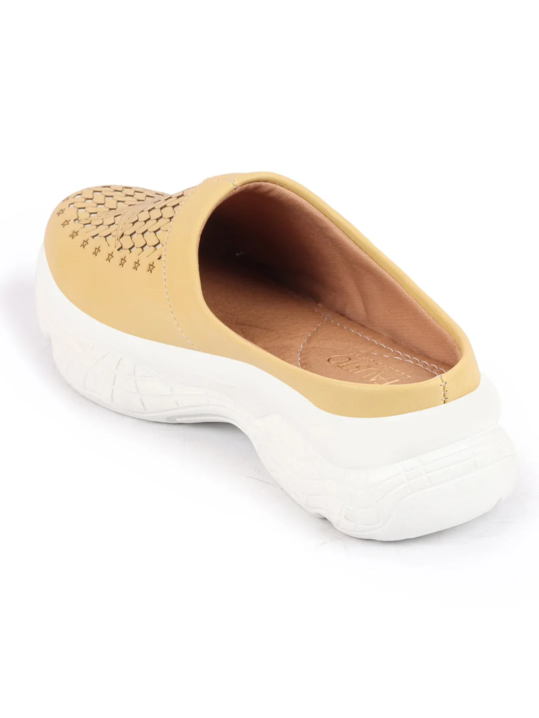 Women Yellow Laser Cut Design Stitched Back Open Slip-On Mules Shoes