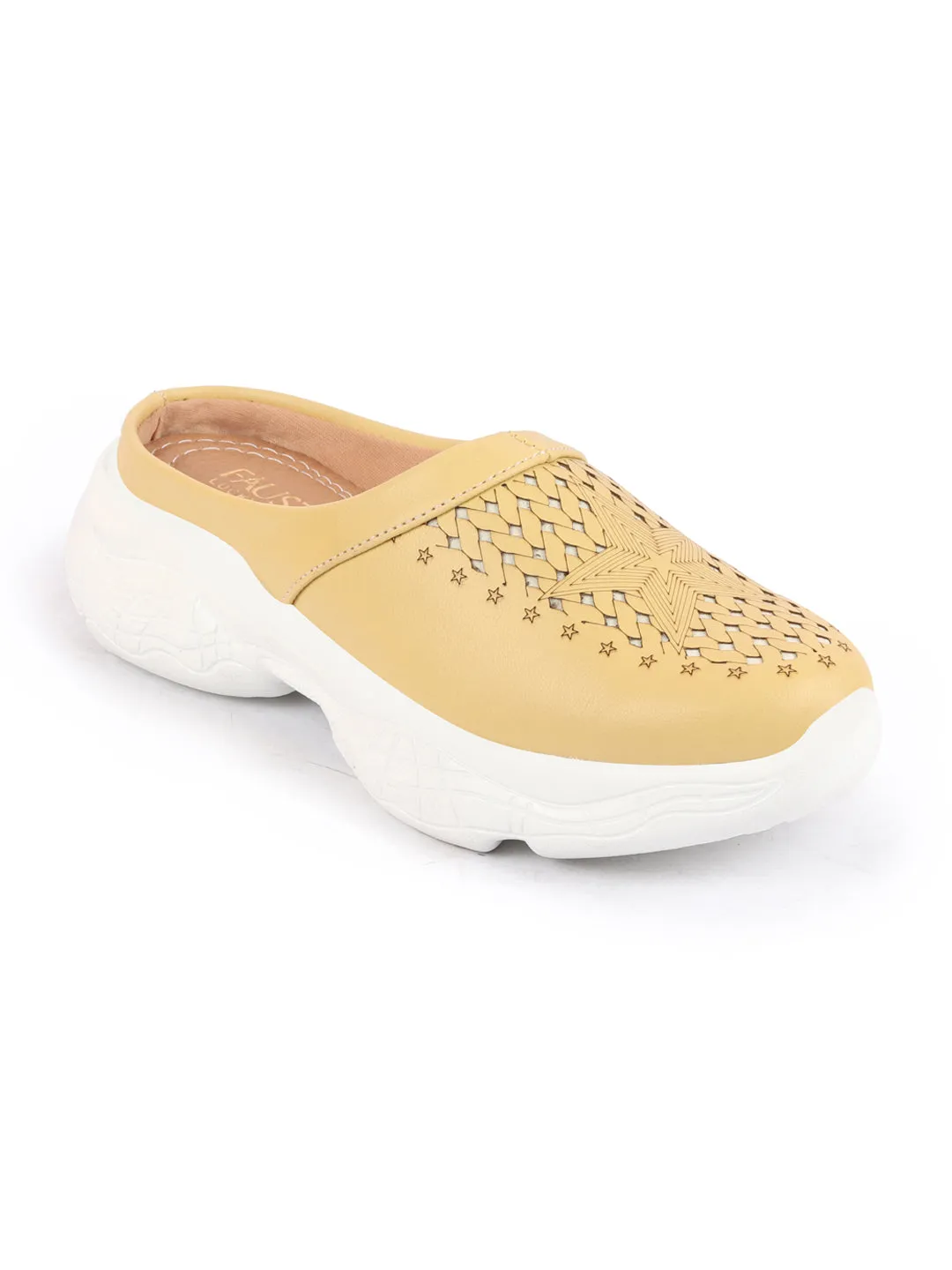 Women Yellow Laser Cut Design Stitched Back Open Slip-On Mules Shoes