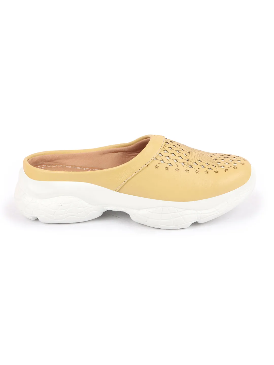 Women Yellow Laser Cut Design Stitched Back Open Slip-On Mules Shoes