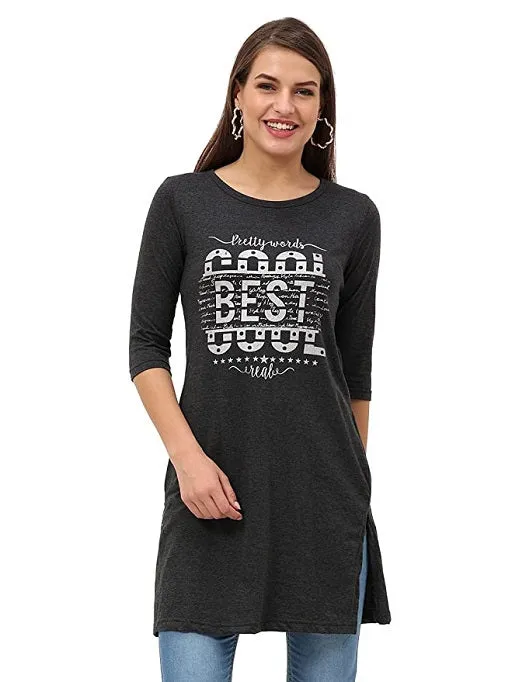 Women's Cotton Printed 3/4 Sleeve Long Top with Slit