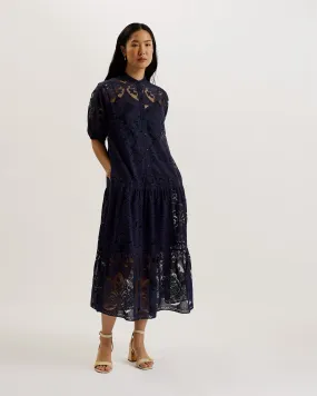 Xativa Laced Midi Shirt Dress With Puff Sleeve Dk-Blue